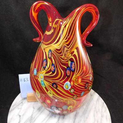 Murano Millefiori Pulled Feather 11" Double Handle Vase