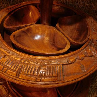 Mid 20th Century Monkey Pod 3 Tier Appetizer/Condiment Centerpiece