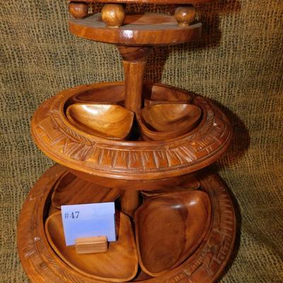 Mid 20th Century Monkey Pod 3 Tier Appetizer/Condiment Centerpiece