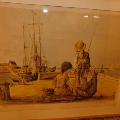 Framed & Matted Jacques Lalande Signed Print 226/260 Kids on Boat Deck