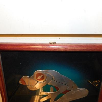 Small Costa Rican Framed & Matted Metal Frog Signed by Artist 8.75”x6.75”