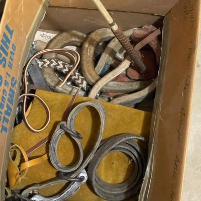 Box of horse tack - horse shoes/reins/stick