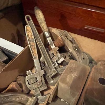 Box of Vintage Tools 4 Planers & Pipe Wrenches