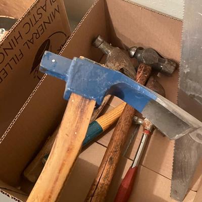 Box of 7 lot of mostly Hammers & Digging Pick