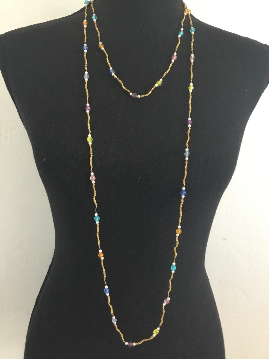 Vintage Gold tone, fabric chain, plastic bead, long, flapper style ...