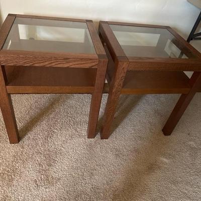 Sale Photo Thumbnail #33: pair glass and wood end tables 19" WIDE, 22" TALL