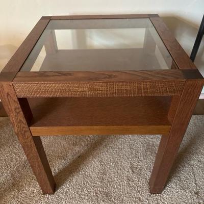 Sale Photo Thumbnail #34: pair glass and wood end tables 19" WIDE, 22" TALL