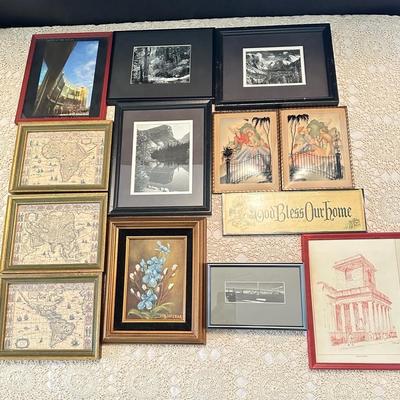 Sale Photo Thumbnail #85: Variety of small framed art, and wall decor