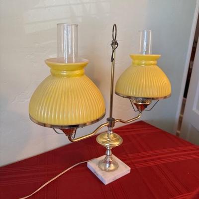 Sale Photo Thumbnail #289:  vintage double brass hurricane lamp, yellow glass, shades