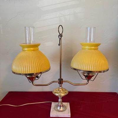 Sale Photo Thumbnail #288:  vintage double brass hurricane lamp, yellow glass, shades