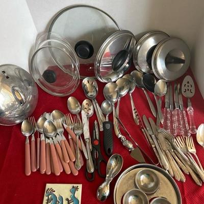Sale Photo Thumbnail #307: Misc kitchen items, cookware lids, misc flatware