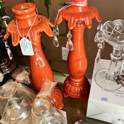 Orange ceramic candlestick set of 2