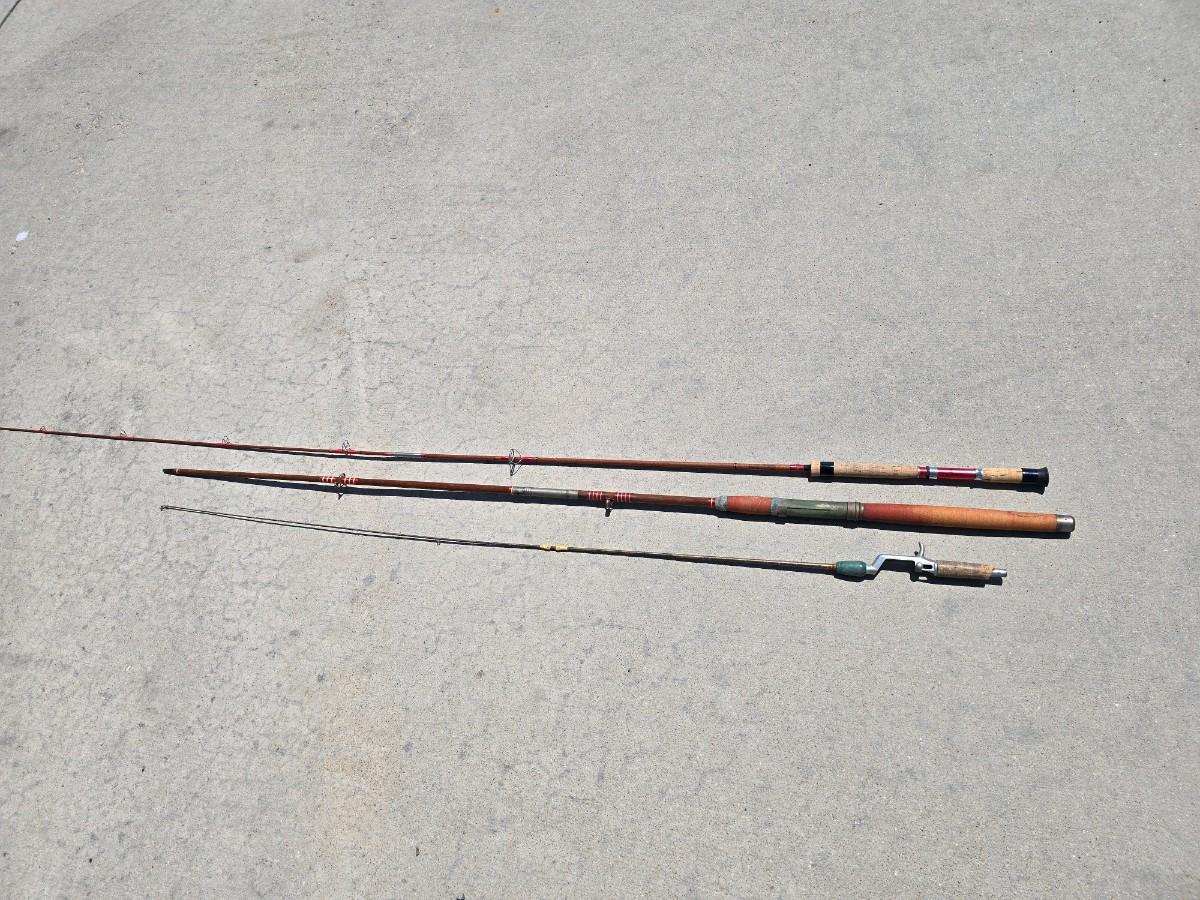 Old Dev Rods Lot of 3 Vintage Fishing Rods – Fiberglass & Wood Handles, Classic ...