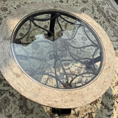 Travertine round glass top coffee table with wrought iron base (retailer for over $800!)