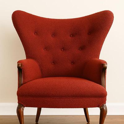Vintage Tufted Wingback Armchair – Red Textured Upholstery, Queen Anne Legs