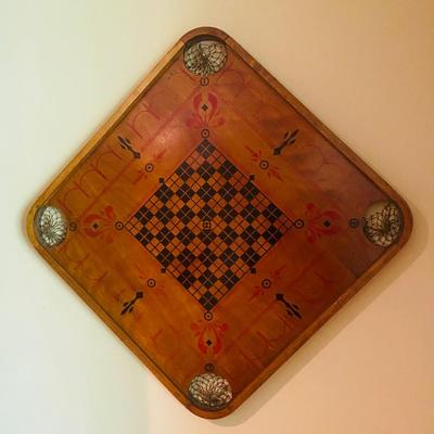 Vintage Hand-Painted Wooden Game Board – Carrom & Checkers Wall Art