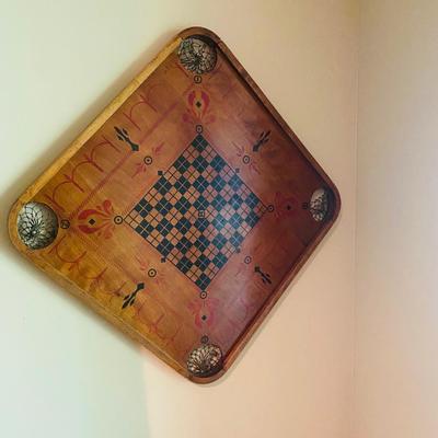 Vintage Hand-Painted Wooden Game Board – Carrom & Checkers Wall Art