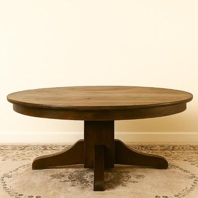 Vintage Round Wooden Coffee Table – Dark Finish with Sturdy Pedestal Base