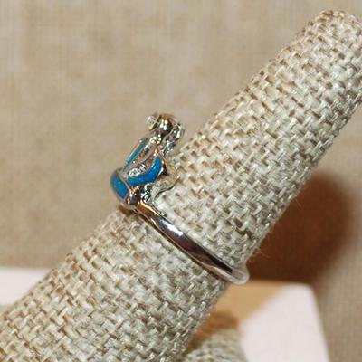 Size 7½ Blue CROWN Enamel Ring with a Single Round Stone Top on a Silver Tone Band (3.7g)