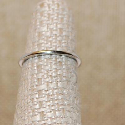 Size 6 Delicate BLUE Rectangle Stone Ring with 2 Round Clear Stone Sides on a Silver Band (1.2g)