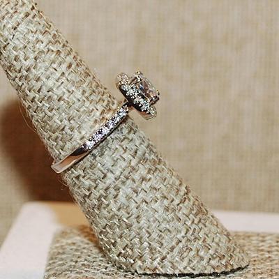 Size 6 Round Clear Main Stone in a Nested Surround Ring with Side Accent Stones & INSIDE Rose Gold Silver Tone Band (3.1g)