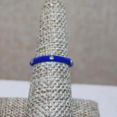 Size 7 ROYAL BLUE Enamel Ring with 6 Rhinestones Around the Band (2.2g)
