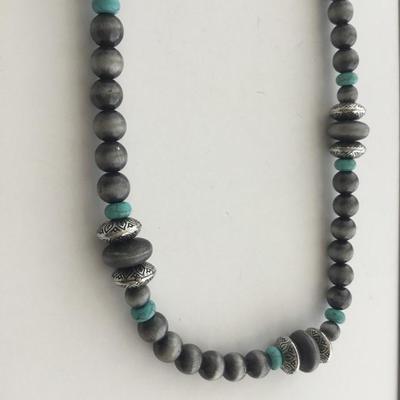 Silver tone blue howlite type beaded necklace