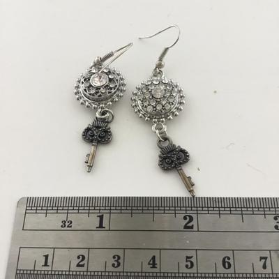 Silver tone dangle key earrings