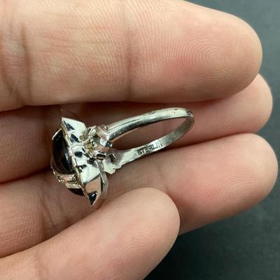 -14- SILVER | Black Onyx Polished Stone & Diamond Ring | With Box | Marked