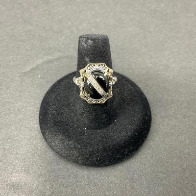 -14- SILVER | Black Onyx Polished Stone & Diamond Ring | With Box | Marked