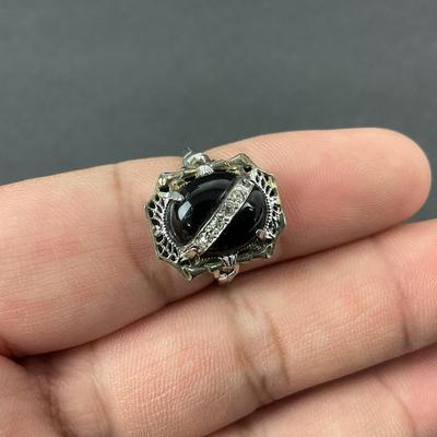 -14- SILVER | Black Onyx Polished Stone & Diamond Ring | With Box | Marked