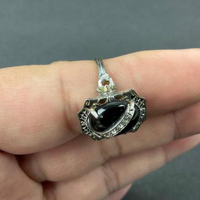 -14- SILVER | Black Onyx Polished Stone & Diamond Ring | With Box | Marked