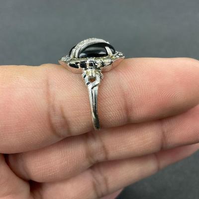 -14- SILVER | Black Onyx Polished Stone & Diamond Ring | With Box | Marked