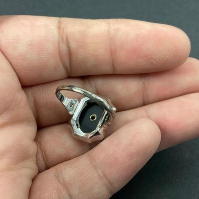 -14- SILVER | Black Onyx Polished Stone & Diamond Ring | With Box | Marked