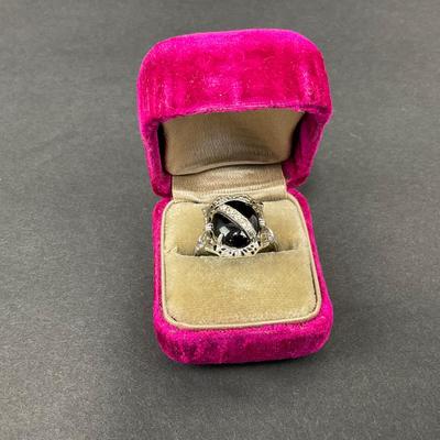 -14- SILVER | Black Onyx Polished Stone & Diamond Ring | With Box | Marked