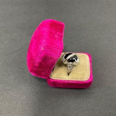 -14- SILVER | Black Onyx Polished Stone & Diamond Ring | With Box | Marked