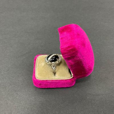 -14- SILVER | Black Onyx Polished Stone & Diamond Ring | With Box | Marked