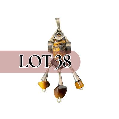 -38- SILVER | TV-120 Sterling & Polished Tigers Eye Stone Pendant | Marked