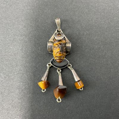 -38- SILVER | TV-120 Sterling & Polished Tigers Eye Stone Pendant | Marked