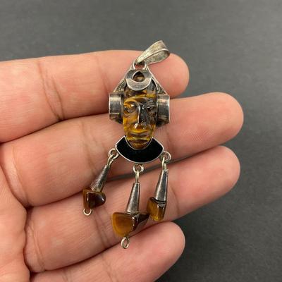 -38- SILVER | TV-120 Sterling & Polished Tigers Eye Stone Pendant | Marked