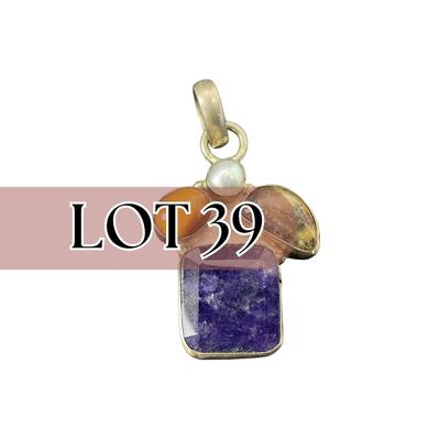 -39- SILVER | 925 Sterling Necklace Pendant & Polished Stones | Marked