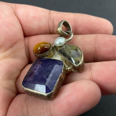 -39- SILVER | 925 Sterling Necklace Pendant & Polished Stones | Marked