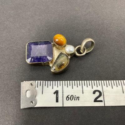 -39- SILVER | 925 Sterling Necklace Pendant & Polished Stones | Marked