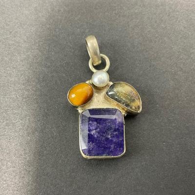 -39- SILVER | 925 Sterling Necklace Pendant & Polished Stones | Marked