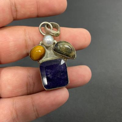 -39- SILVER | 925 Sterling Necklace Pendant & Polished Stones | Marked