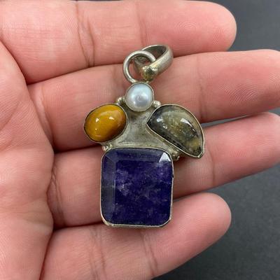 -39- SILVER | 925 Sterling Necklace Pendant & Polished Stones | Marked
