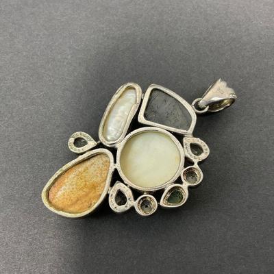 -40- SILVER | 925 Sterling Necklace Pendant With Polished Stones & Pearl