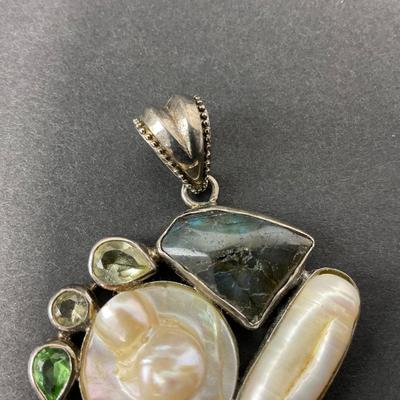 -40- SILVER | 925 Sterling Necklace Pendant With Polished Stones & Pearl