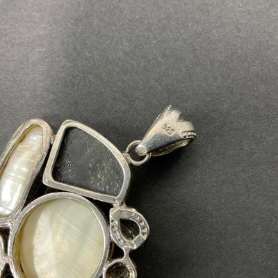 -40- SILVER | 925 Sterling Necklace Pendant With Polished Stones & Pearl