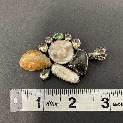-40- SILVER | 925 Sterling Necklace Pendant With Polished Stones & Pearl